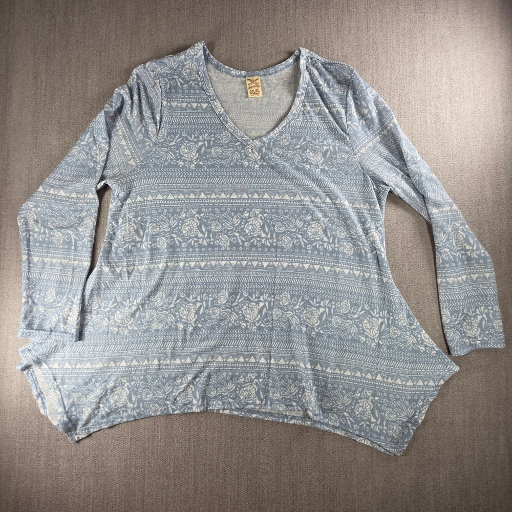 Faded Glory Tunic Top Women XXL Blue Floral Tribal Sharkbite Hem V-Neck Long Slv